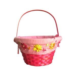 Pink Easter Basket with Flower and Butterfly Embroidered Linen
